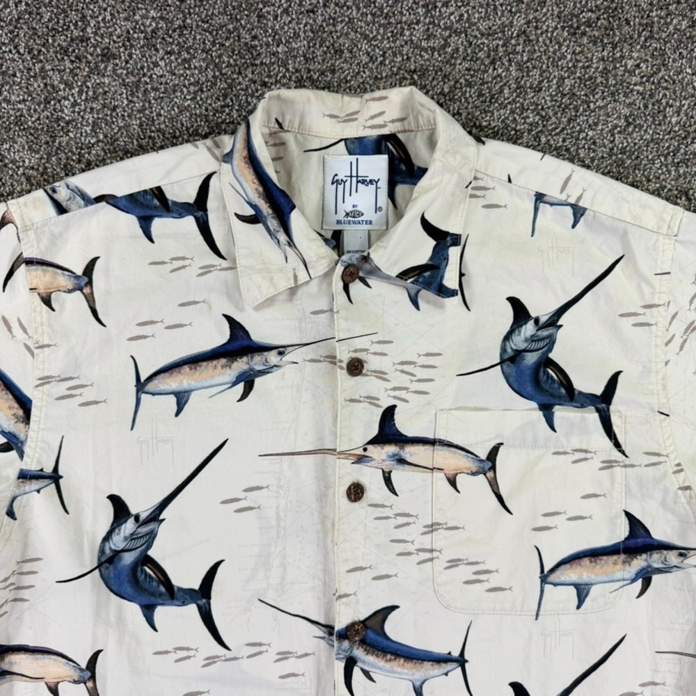 Guy Harvey AFTCO Bluewater Marlin Fish Button Up Shirt Mens Medium Short Sleeve - Picture 5 of 12